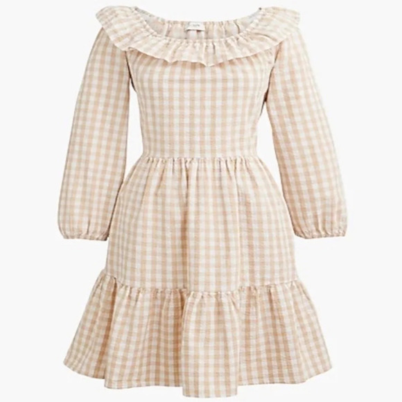 J. Crew Dress Womens 2 Seersucker Ruffle Gingham Modest Neutral Boho Prairie - Picture 1 of 11